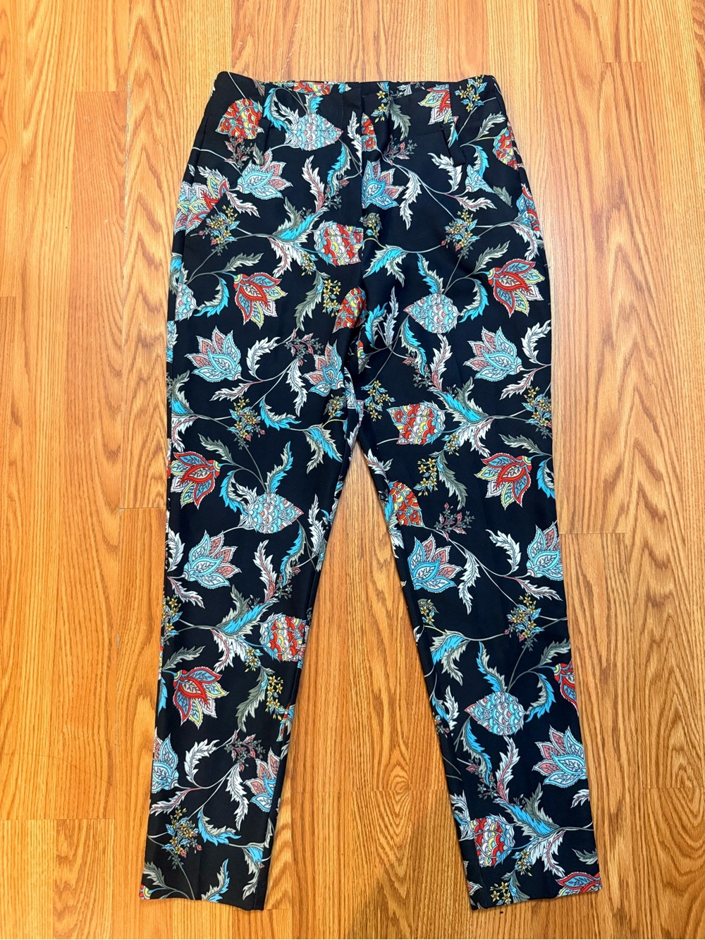 Avenue Black Floral Print Ponte Pants with Teal & Red Accents